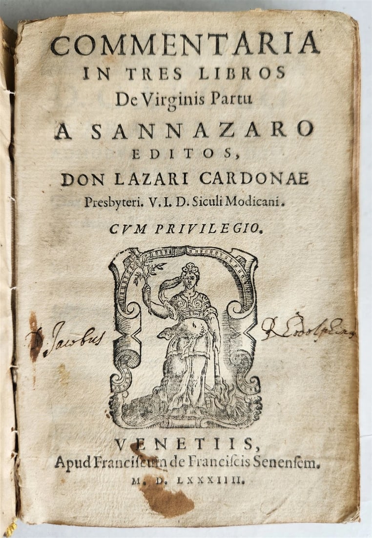 LAZARO CARDONA ANTIQUE COMMENTARY ON SANNAZARO'S DE PARTU VIRGINIS POEM, 1584: Year/Century: 16th century Language: Latin Subject: Literature & Fiction Binding: Vellum Description: Lazaro Cardona (1533?c. 1585) and Jacopo Sannazaro (1458?1530) Commentaria In Tres Libros de Virgi