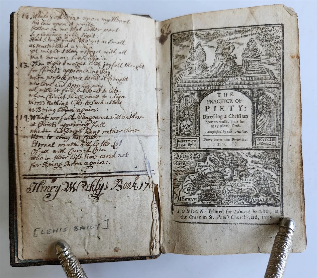 1705 BAYLY LEWIS'S PRACTICE OF PIETY, AN ANTIQUE IN ITS ORIGINAL ENGLISH BINDING: Year/Century: 18th century Language: English Subject: Religion & Spirituality Binding: Leather Description: [Lewis, Bayly] The Practice of Piety London: for Edward Brewster, 1705; engraved title; manu
