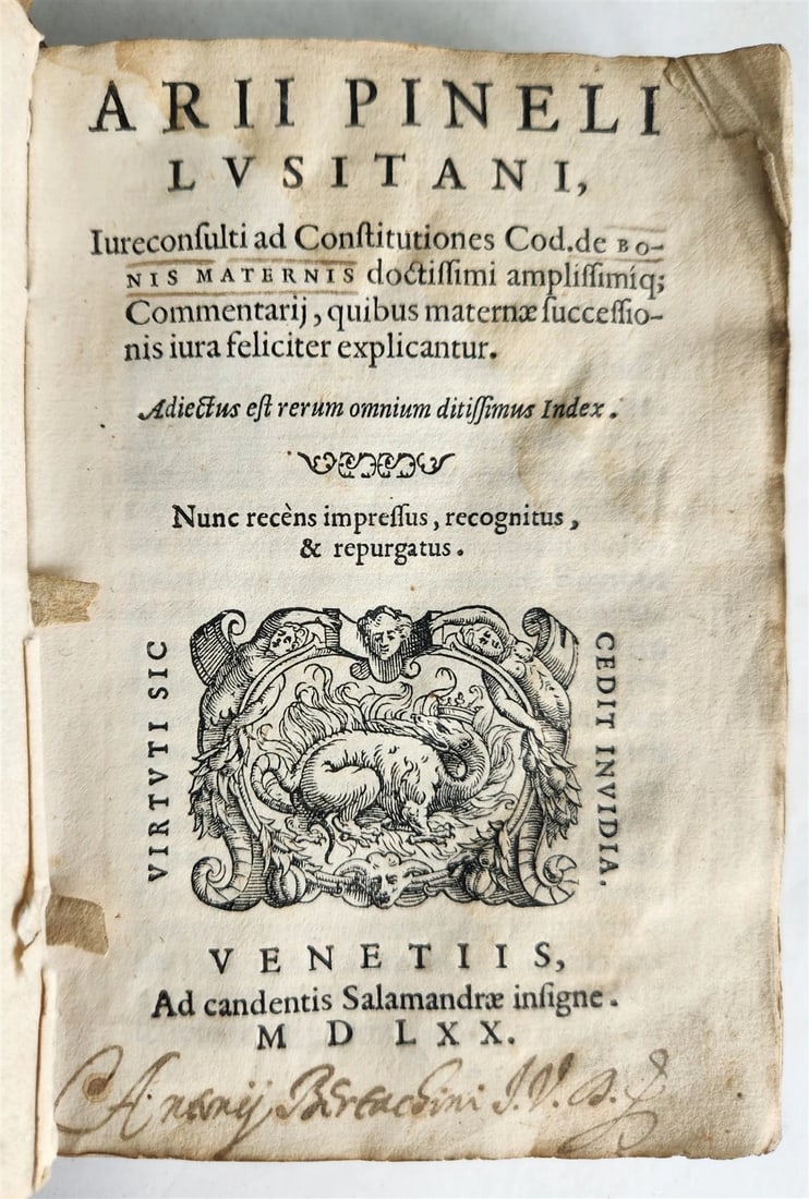 ARII PINELI LUSITANI'S 1570 LAW BOOK, ANTIQUE VELLUM BINDING WITH MANUSCRIPT TITLE: Year/Century: 16th century Language: Latin Subject: Law & Government Binding: Vellum Description: ARII PINELI LUSITANI Iureconsulti Ad Constitutiones Cod. de bonis maternis doctissimi amplissimique co
