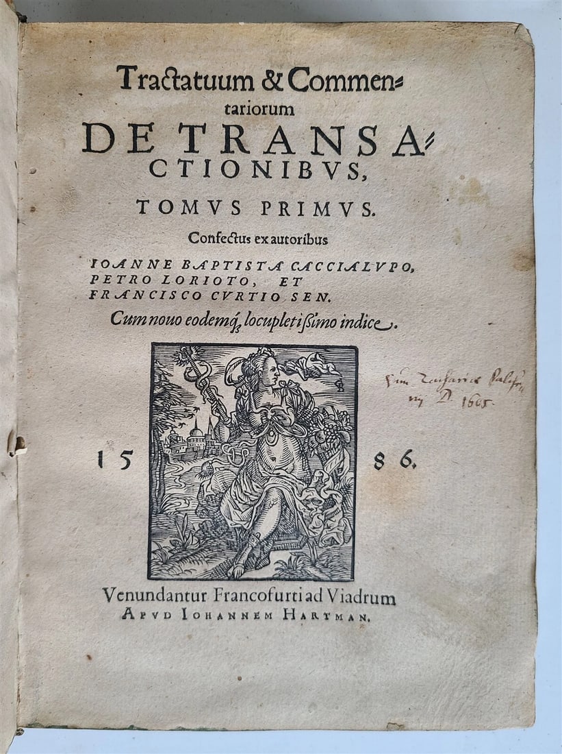 LAW BOOK TRACTATUUM & COMMENTARIORUM DE TRANSACTIONIBUS ANCIENT VELLUM, 1586: Year/Century: 16th century Language: Latin Subject: Law & Government Binding: Vellum Description: Ioanne Baptista Caccialupo and others, Tractatuum & Commentariorum de Transactionibus The Francofurtia