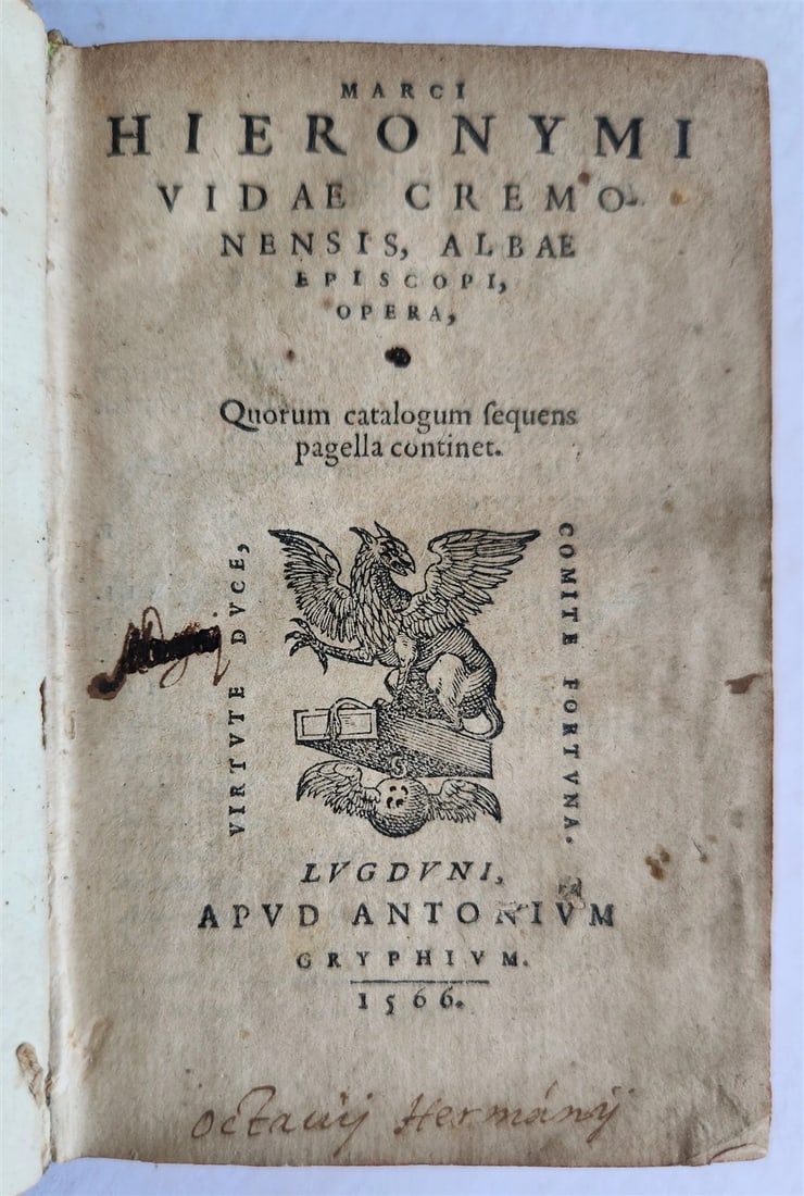 MARCO GIROLAMO VIDA ANTIQUE, POETRY FROM THE SIXTEENTH CENTURY, 1566: Year/Century: 16th century Language: Latin Subject: Literature & Fiction Binding: Vellum Description: Marco Girolamo Vida Opere di Marco Girolamo Vida (Works of Marco Girolamo Vida) Lugduni; 1566 577 