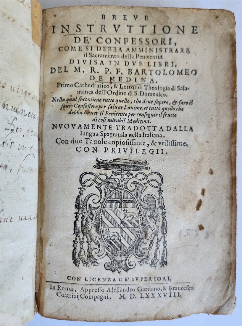 BARTOLOMEO DE MEDINA'S 1588 INSTRUCTION FOR CONFESSORS, AN OLD VELLUM-BOUND: Year/Century: 16th century Language: Italian Subject: History Binding: Vellum Description: According to the confessors' instructions, how should the sacrament of penitentia be administered? It contain
