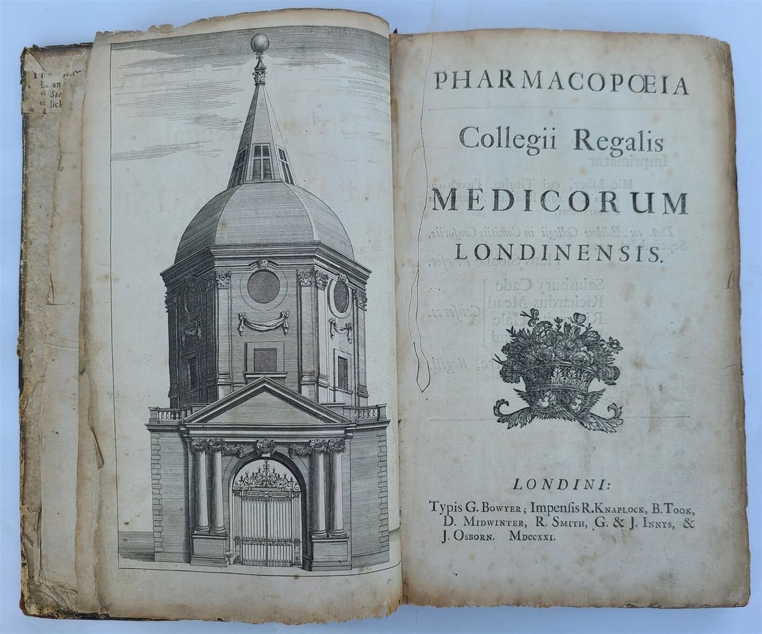 1721 PHARMACOPEIA IN ANCIENT ENGLISH FOLIO: Year/Century: 18th century Language: English Subject: Science & Medicine Binding: Leather Description: Collegii Reglais Medicorum Londinensis, Pharmacopoeia. London in 1721 frontispiece with engraving