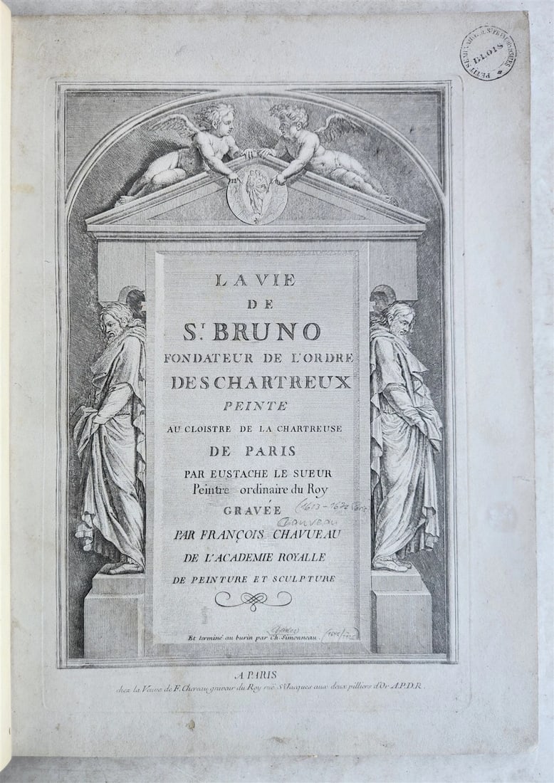 A LARGE FOLIO IN FRENCH FROM 1750 THAT FULLY ILLUSTRATES THE LIFE OF ST. BRUNO: Year/Century: 18th century Language: French Subject: Illustrated Binding: Hardcover Description: The founder of the order of chartreux peinte at the cloistre of the chartreuse de Paris, Le Sueur, E. L