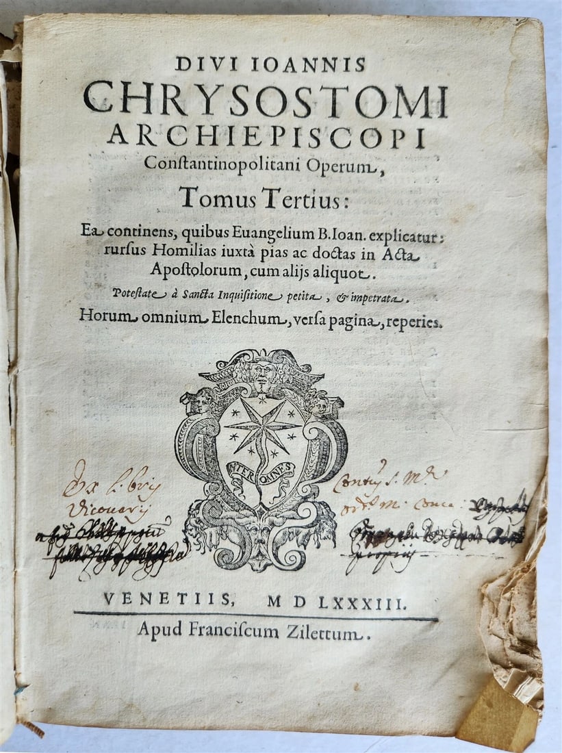 DIVI IOANNIS CHRYSOSTOMI ARCHIEPISCOPI CONSTANTINOPOLITANI ANTIQUE 16TH CENTURY, 1583: Year/Century: 16th century Language: Latin Subject: Religion & Spirituality Binding: Vellum Description: Ioannes Chrysostomus Divi Ioannis Chrysostomi Archiepiscopi Constantinopolitani Operum tomus te