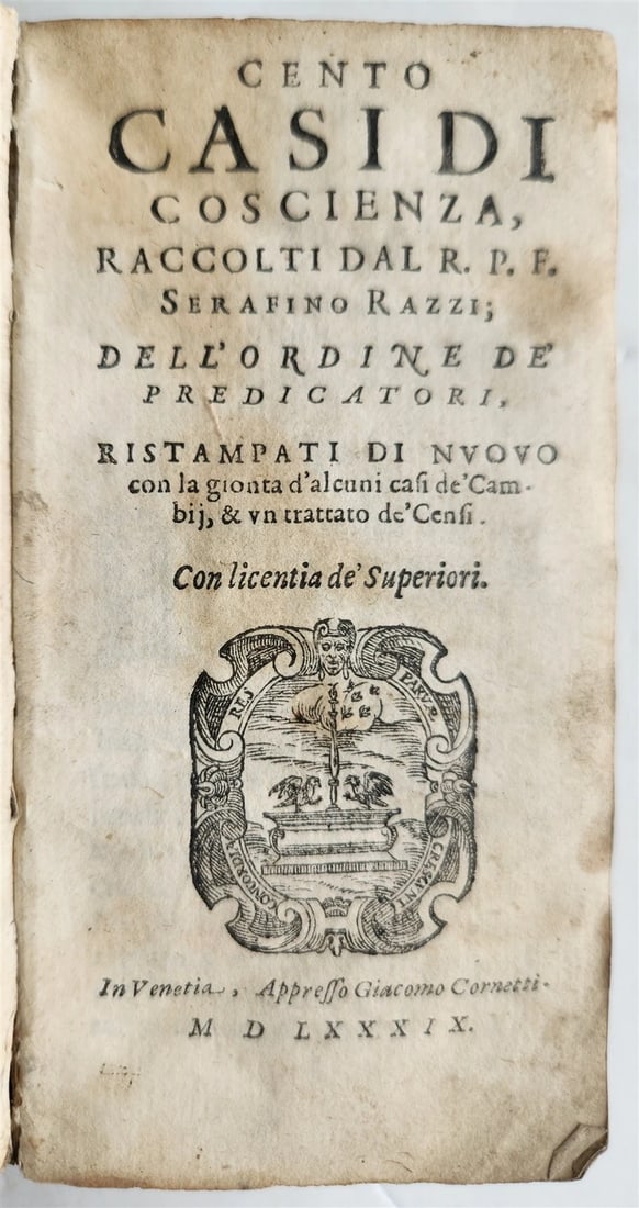 ILLUSTRATED VELLUM 16TH CENTURY, 1589 CENTO CASI DI COSCIENZA BY SERAFINO RAZZI: Year/Century: 16th century Language: Latin Subject: History Binding: Vellum Description: SERAFINO RAZZI's CENTO CASI DI COSCIENZA, Venice, 1589, 164 pages + index, original vellum bound with a manuscr