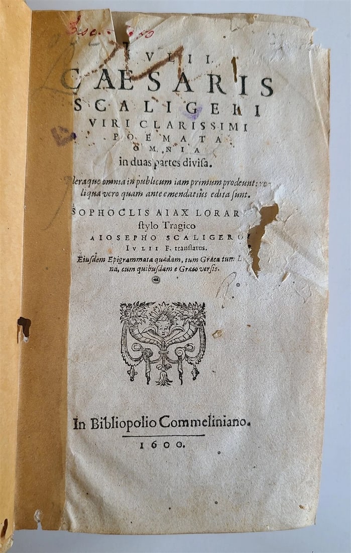 1600 POEMATA BY JULIUS CAESAR SCALIGER ARCHAIC POETRY FROM THE SIXTEENTH CENTURY: Year/Century: 16th century Language: Latin Subject: Literature & Fiction Binding: Vellum Description: POEMATA OMNIA IN DUAS PARTES DIVISA [?] SOPHOCLIS AIAX LORARIUS, TRANSLATUS, IULII FILII, STYLO TR