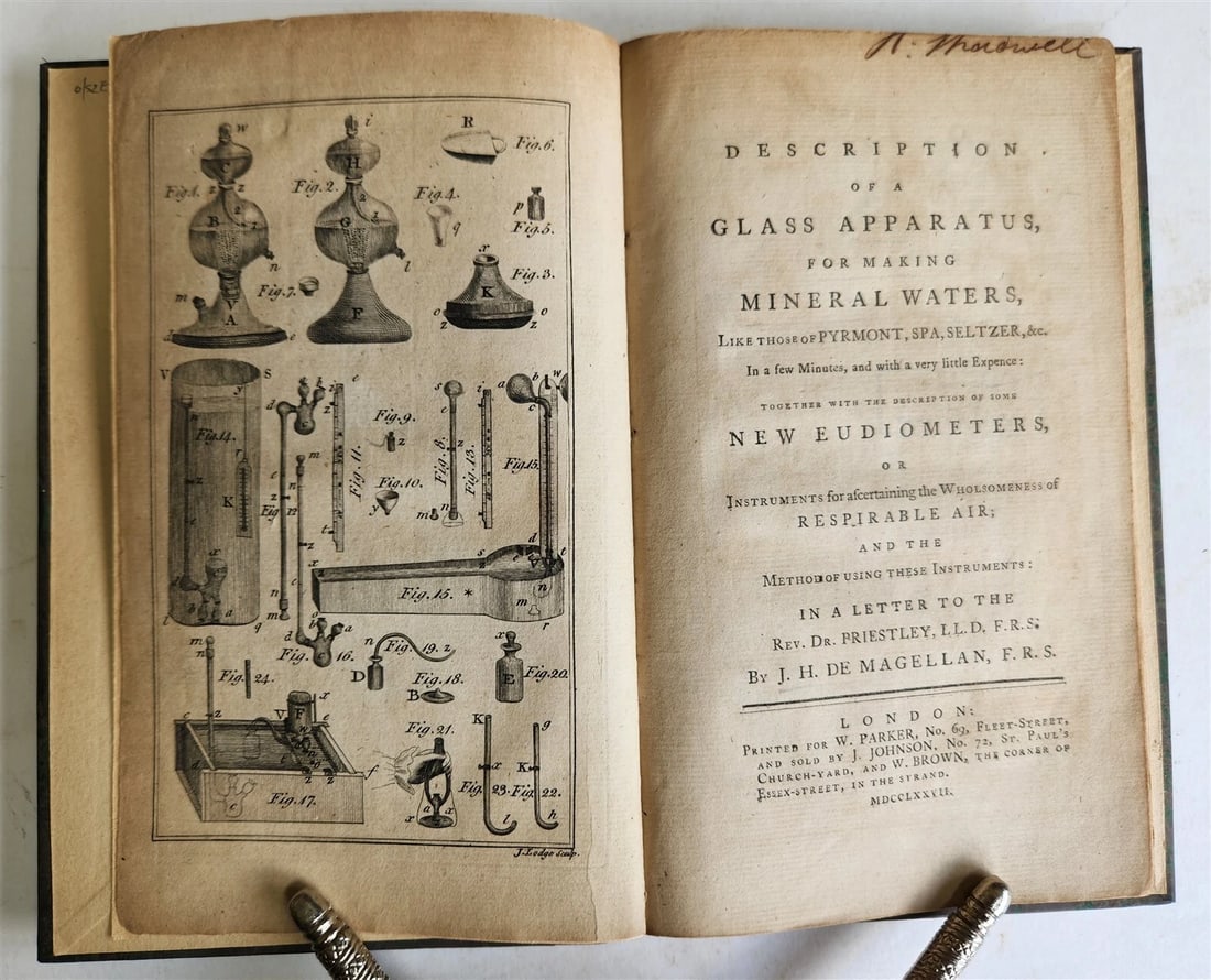 IN 1777 AN EXPLANATION OF A GLASS APPARATUS USED TO CREATE RARE MINERAL WATER (1 of 5)