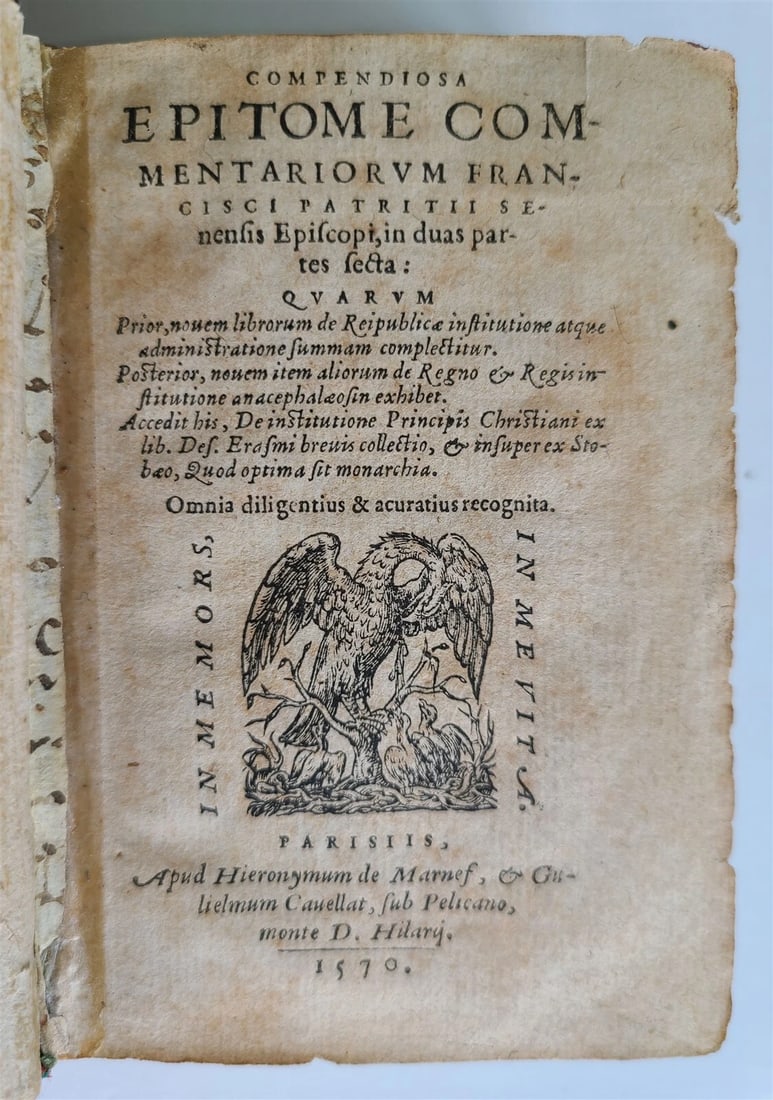 FRANCESCO PATRIZI'S 1570 VANTIQUE PHILOSOPHY WITH ORIGINAL 16TH CENTURY BINDING: Year/Century: 16th century Language: Latin Subject: Philosophy Binding: Leather Description: In Duas Partes Secta. Paris, Hieronymus de Marnef and Guillaume Cavellat, 1570, Patrizi, F. Compendiosa Epi