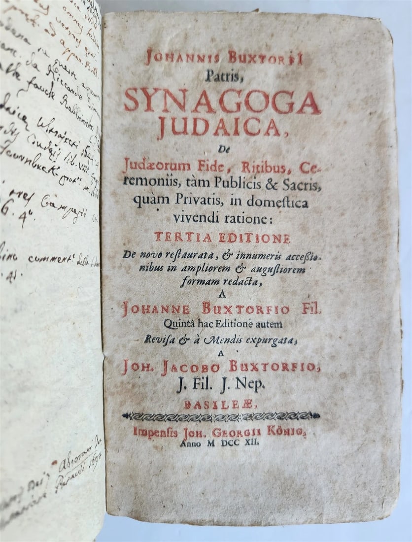 JOHANNES BUXTORF'S 1712 ANTIQUE SYNAGOGA JUDAICA: Year/Century: 18th century Language: Latin Subject: History Binding: Hardcover Description: Johannes Buxtorf Synagoga Judaica Johann Georg K?nig's: Basel; 1712; original plain hardback binding with a 