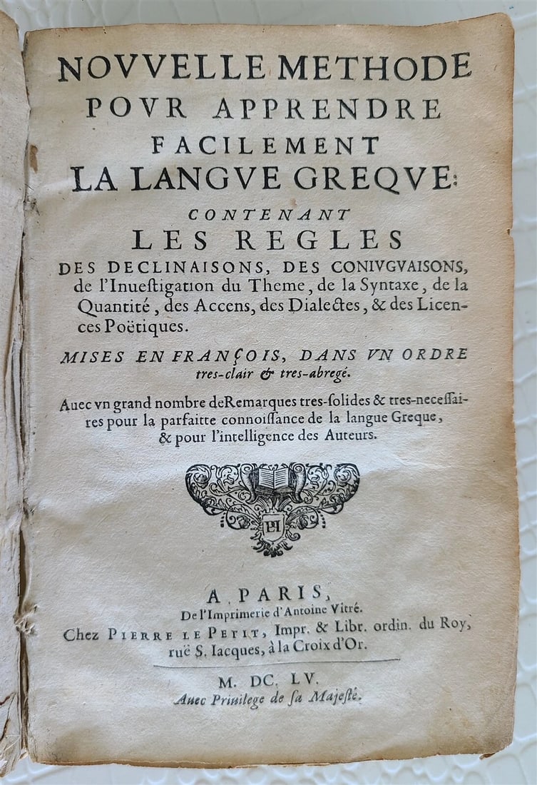 GREEK LANGUAGE STUDY BOOK, FRENCH TEXTBOOK, 1655, RARE, VELLUM-BOUND: Year/Century: 17th century Language: French Subject: Science & Medicine Binding: Vellum Description: Claud Lancelot. A new approach to learning Greek quickly. Paris: Le Petit, 1655. Dimensions: 4.5 by