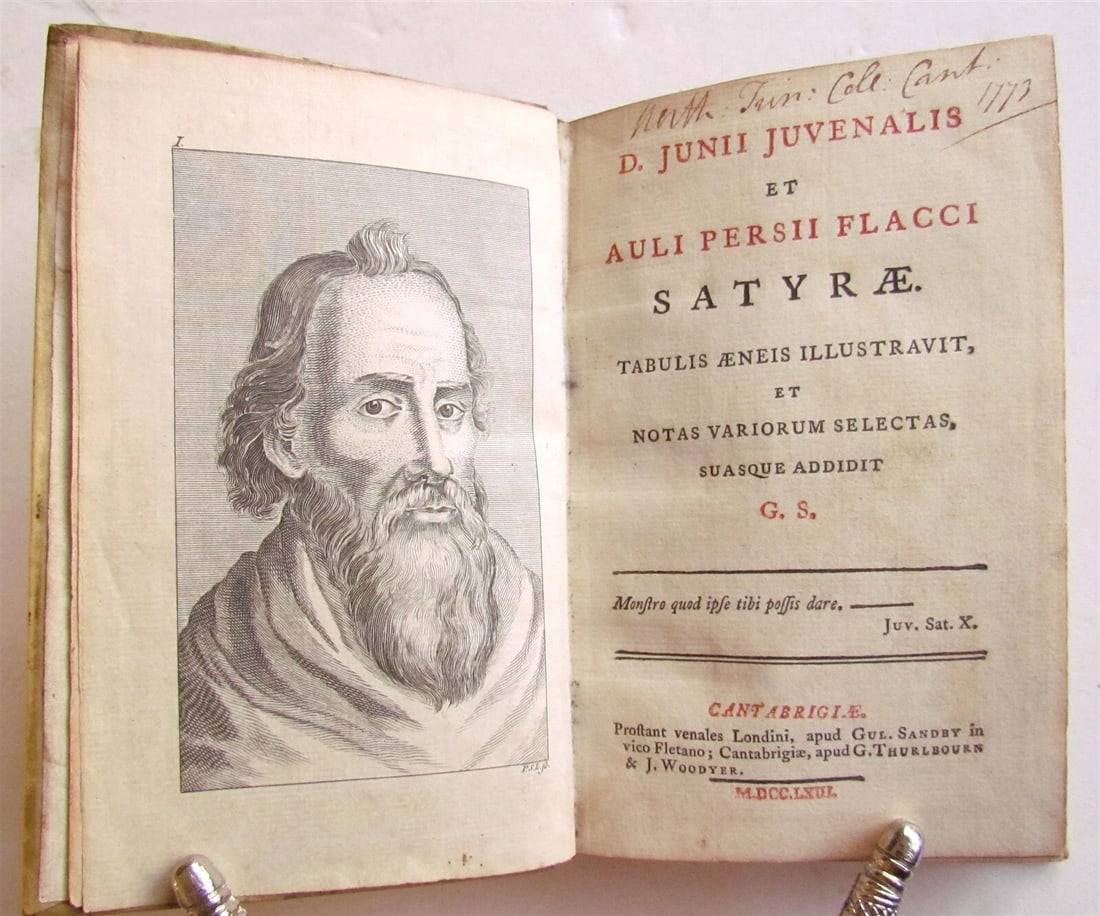 1763 ROMAN POETRY SATYRAE JUVENAL & PERSIUS FLACCUS VELLUM ANCIENT ILLUSTRATED: Year/Century: 18th century Language: Latin Subject: Illustrated Binding: Vellum Description: Juvenalis, D.I. and Persius Flaccus, A. Satyrae, Cambridge, G. Sandby, etc., 1763, 4 by 6.5" (12), 207 page
