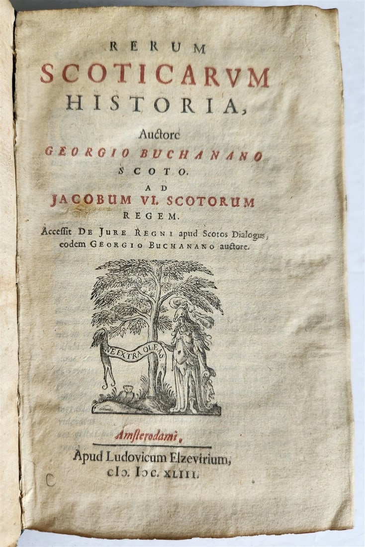 GEORGE BUCHANAN'S 1643 SCOTTISH HISTORY RERUM SCOTICARUM HISTORIA VELLUM: Year/Century: 17th century Language: Latin Subject: History Binding: Vellum Description: George Buchanan. Historia Rerum Scoticarum. Lowijs Elzevier, Amsterdam, 1643; red and black title page with woo