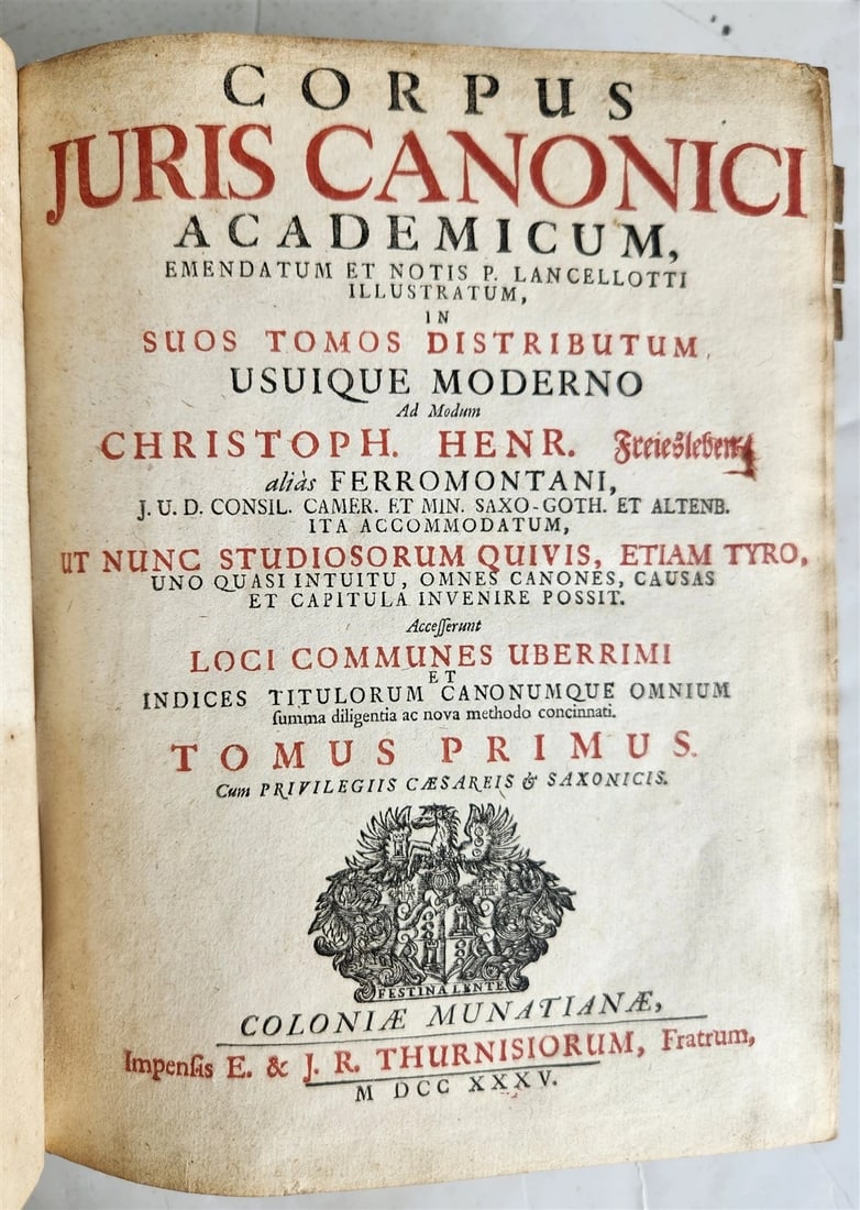 CORPUS JURIS CANONICI, AN OLD VELLUM-BOUND LATIN LAW BOOK FROM 1757: Year/Century: 18th century Language: Latin Subject: Law & Government Binding: Vellum Description: C.H. Freiesleben (Hrsg.). Two sections in one volume, Corpus juris canonici academicum, Basel, Thurney