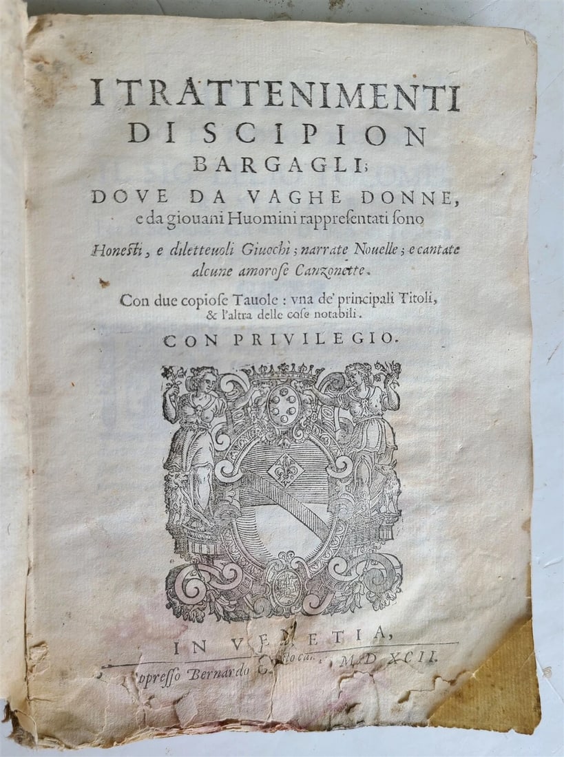 1592 I TRATTENIMENTI DI SCIPION BARGAGLI VINTAGE VELLUM BINDING: Year/Century: 16th century Language: Italian Subject: Literature & Fiction Binding: Vellum Description: [Theatre] Bargagli, Scipione I TRATTENIMENTI DI SCIPION BARGAGLI, 1592 Size 5 3/4 by 7 3/4" (8),