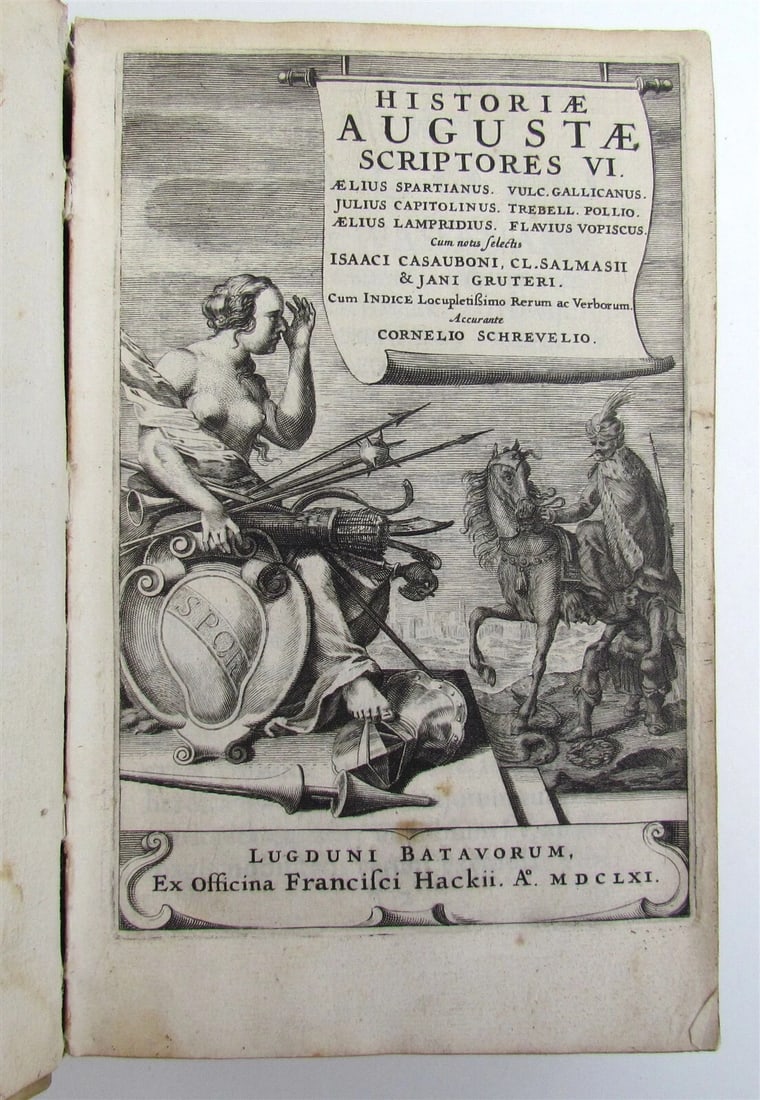HISTORIAE AUGUSTAE SCRIPTORES, ED., 1661. C. ANTIQUE VELLUM BOUND SCHREVELIUS: Year/Century: 17th century Language: Latin Subject: History Binding: Vellum Description: Historiae Augustae Scriptores VI. Historiae Augustae Scriptores Sex. Schrevelius, C. (ed.). Trebellius Pollio, 