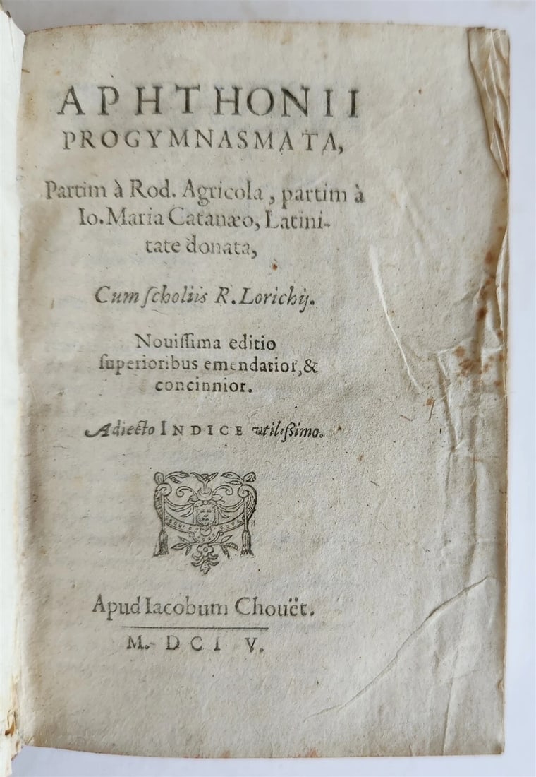 APHTHONIUS OF ANTIOCH'S 1604 PROGYMNASMATA VELLUM BINDING ANCIENT: Year/Century: 17th century Language: Latin Subject: Philosophy Binding: Vellum Description: Aphtonius Progymnasmata [...]. Novissima editio [...]. Apud Iacobini Chouet; 1604 Original overlapping vellu