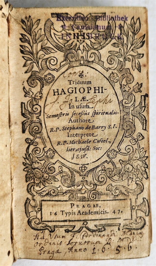 STEPHANUS DE BARRY'S 1647 TRIDUUM HAGIOPHILUM, PRINTED IN PRAGUE ANTIQUE VELUM: Year/Century: 17th century Language: Latin Subject: History Binding: Vellum Description: TRIDUUM HAGIOPHILUM (Three-day Holy Festival) by R.P. Stephanus de Barry Prague; 1647; original vellum, manuscr