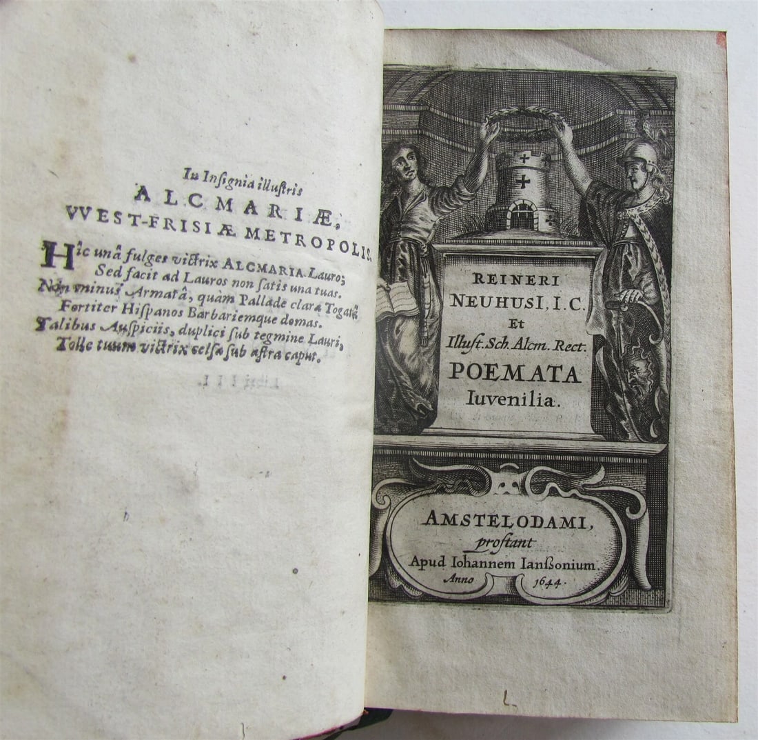 R. NEUHUSIUS ANTIQUE'S POETRY FROM 1644 IN LATIN POEMATA IUVENILIA: Year/Century: 17th century Language: Latin Subject: Literature & Fiction Binding: Leather Description: Poemata iuvenilia Neuhusius, R. J. Jansz, Amsterdam, 1644. Dimensions: 3 by 5 1/3"; 452 pages; gi