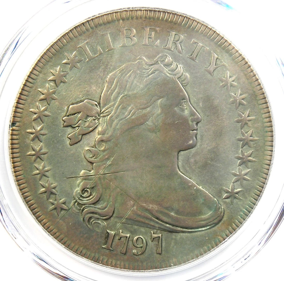1797 DRAPED BUST SILVER DOLLAR $1 SMALL EAGLE COIN: 1797 Draped Bust Silver Dollar $1 Small Eagle Coin Year: 1797 Denomination: $1 Country of Origin: United States Accessories: None Accessories Notice: When purchasing pre-owned goods, please refer to t
