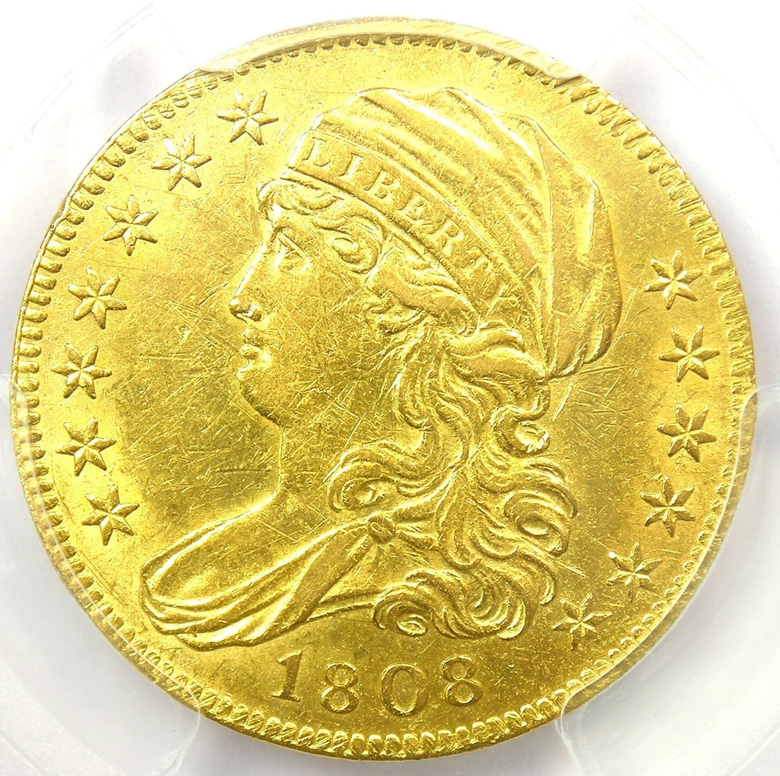 1808 CAPPED BUST GOLD HALF EAGLE $5 COIN: 1808 Capped Bust Gold Half Eagle $5 Coin Year : 1808 Denomination : $5 Country of Origin : United States Accessories: None Accessories Notice: When purchasing pre-owned goods, please refer to the