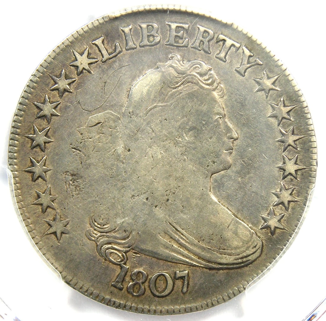 1807 DRAPED BUST HALF DOLLAR 50C COIN: 1807 Draped Bust Half Dollar 50C Coin Year : 1807 Denomination : 50C Country of Origin : United States Accessories: None Accessories Notice: When purchasing pre-owned goods, please refer to the photos