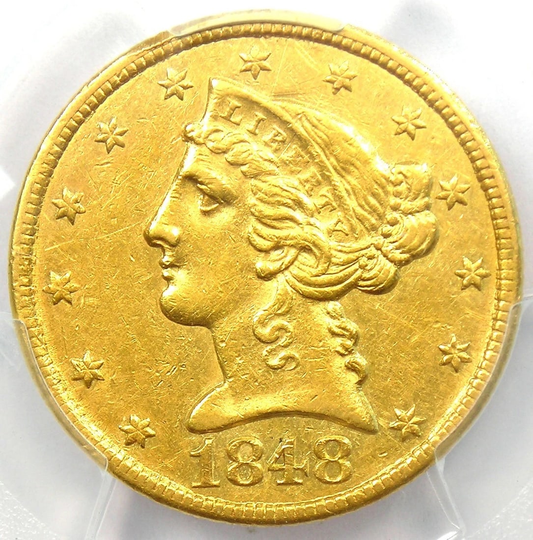 1848-C LIBERTY GOLD HALF EAGLE $5: 1848-C Liberty Gold Half Eagle $5 Year: 1848 Denomination: $5 Country of Origin: United States Accessories: None Accessories Notice: When purchasing pre-owned goods, please refer to the photos of the