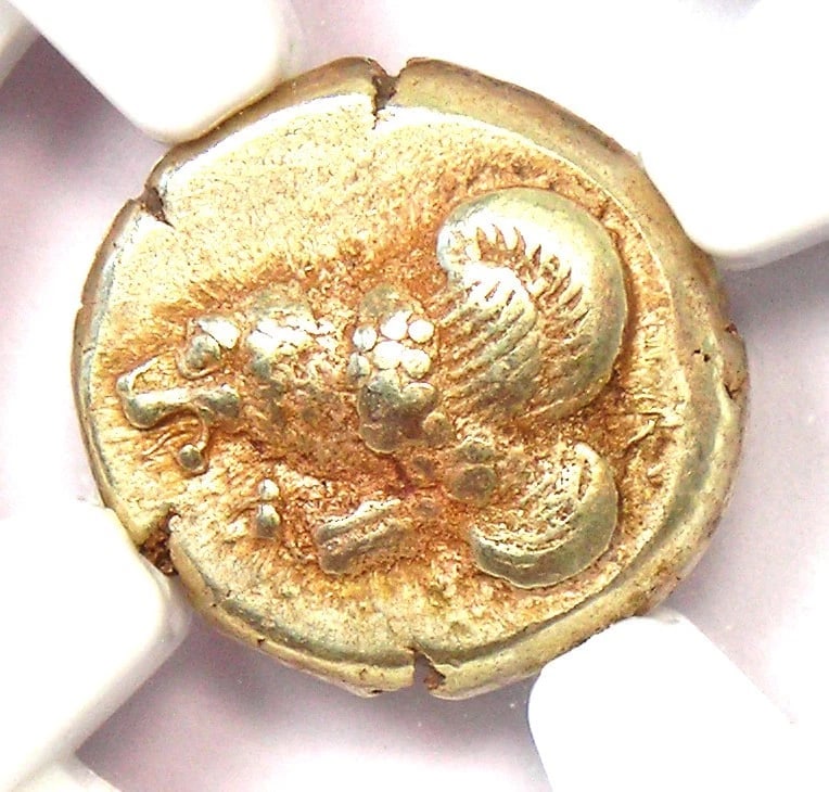LESBOS MYTILENE EL HECTE LION HEKTE ELECTRUM COIN: Lesbos Mytilene EL Hecte Lion Hekte Electrum Coin Year : 412 BC Denomination : Hecte Country of Origin : Greece Accessories: None Accessories Notice: When purchasing pre-owned goods, please refer to