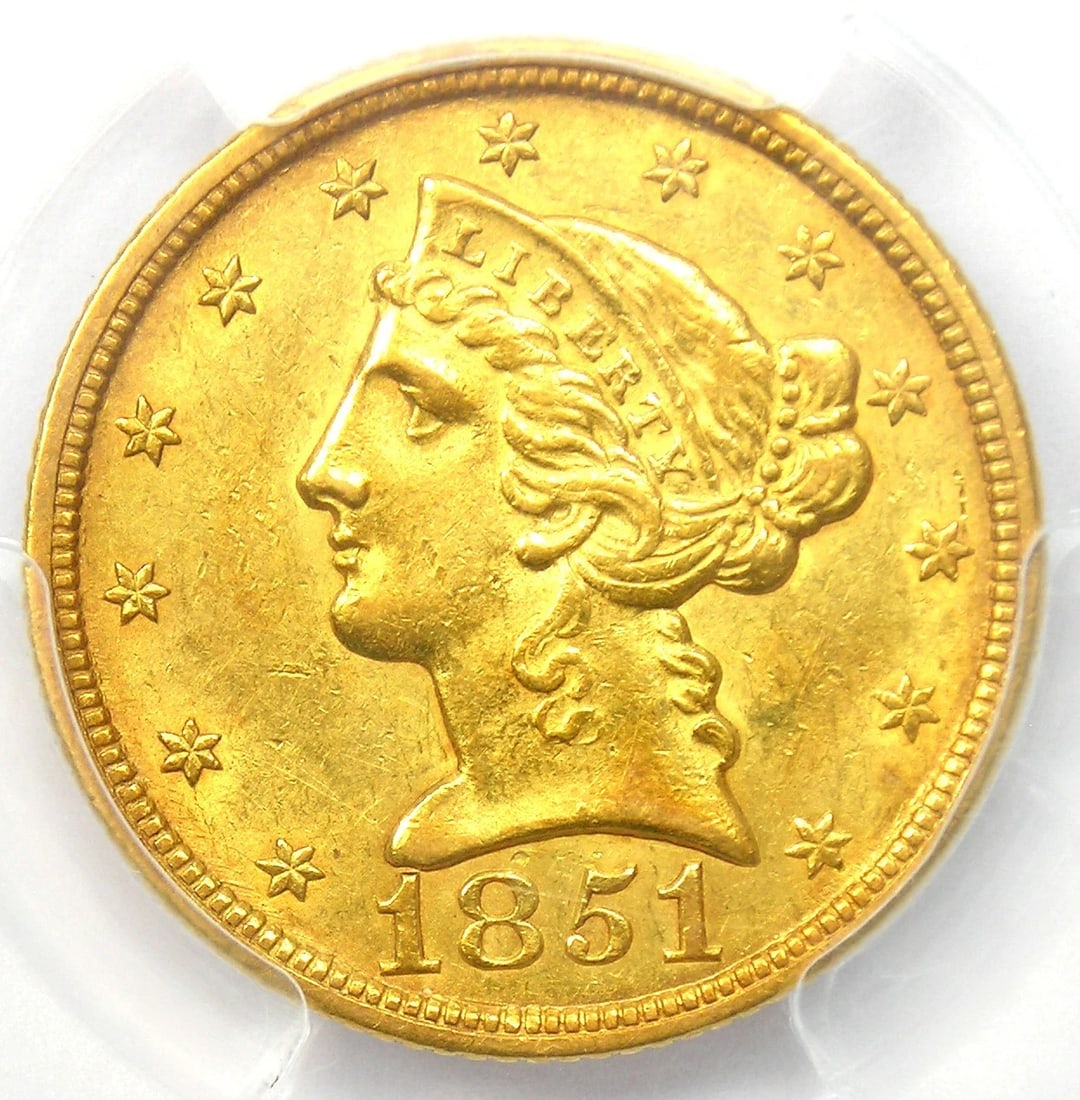 1851 LIBERTY GOLD HALF EAGLE $5 RARE COIN: 1851 Liberty Gold Half Eagle $5 Rare Coin Year: 1851 Denomination: $5 Country of Origin: United States Accessories: None Accessories Notice: When purchasing pre-owned goods, please refer to the photos