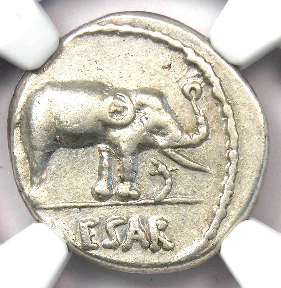 JULIUS CAESAR AR DENARIUS SILVER ELEPHANT COIN (1 of 2)