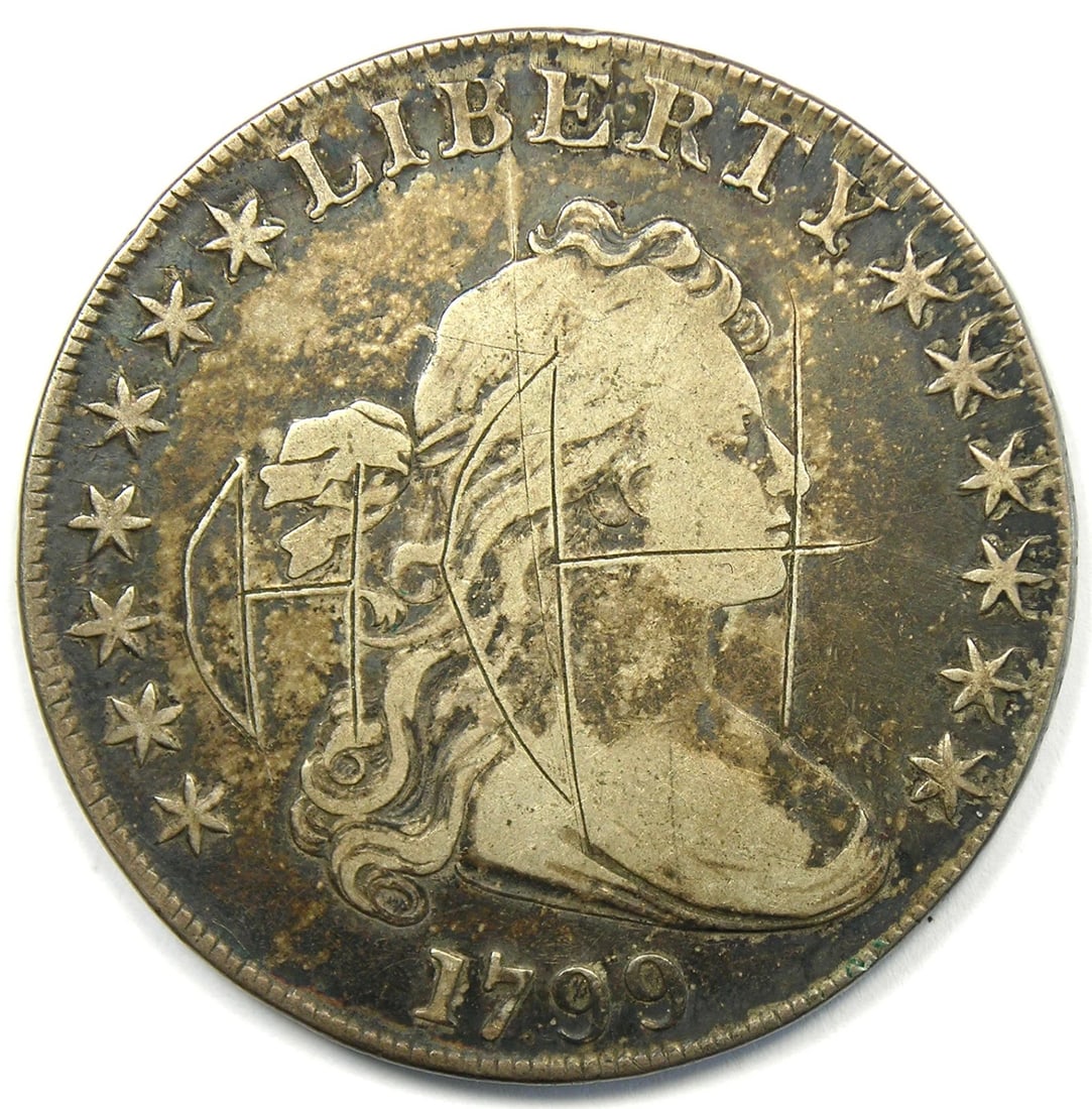 1799 DRAPED BUST SILVER DOLLAR $1 COIN: 1799 Draped Bust Silver Dollar $1 Coin Year: 1799 Denomination: $1 Country of Origin: United States Accessories: None Accessories Notice: When purchasing pre-owned goods, please refer to the photos of