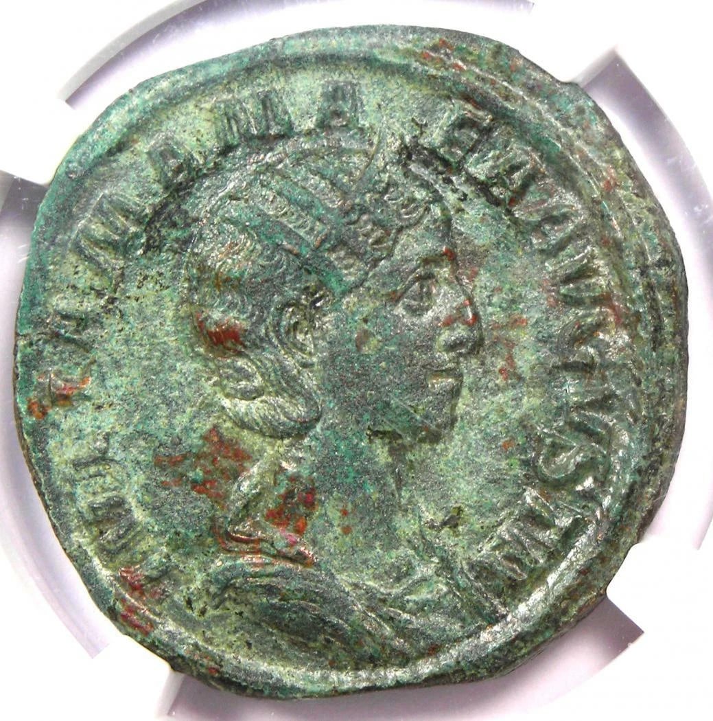 ROMAN JULIA MAMAEA AE SESTERTIUS COIN: Roman Julia Mamaea AE Sestertius Coin Year : 235 AD Denomination : Sestertius Country of Origin : Italy Accessories: None Accessories Notice: When purchasing pre-owned goods, please refer to the photo