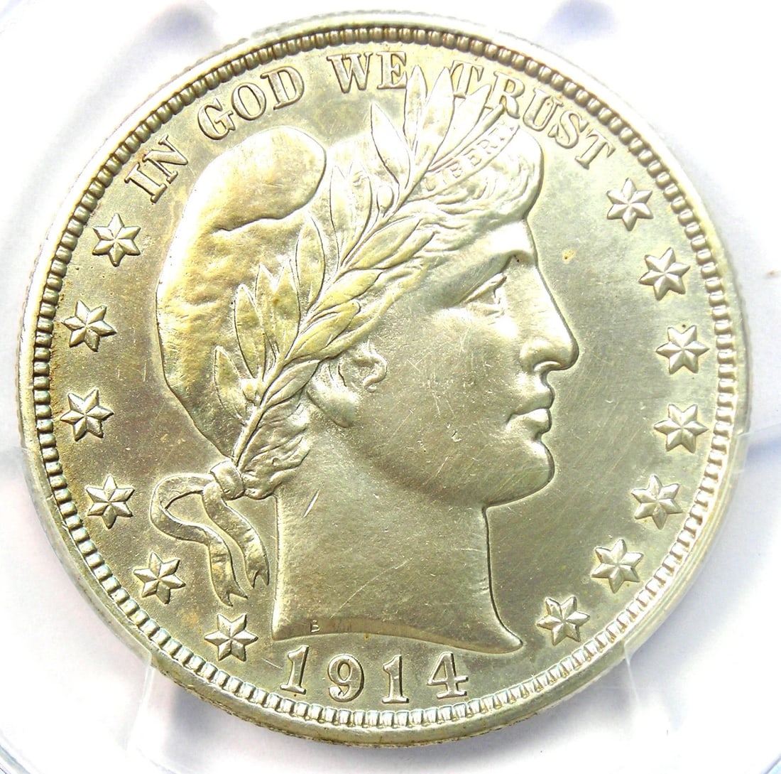 1914 BARBER HALF DOLLAR 50C COIN: 1914 Barber Half Dollar 50C Coin Year: 1914 Denomination: 50C Country of Origin: United States Accessories: None Accessories Notice: When purchasing pre-owned goods, please refer to the photos of the