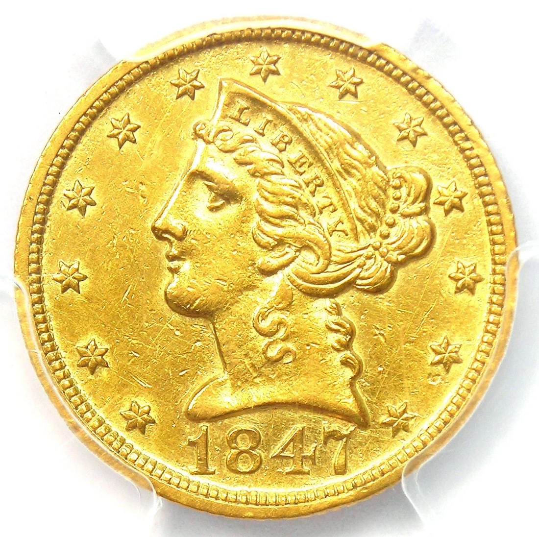 1847-D LIBERTY GOLD HALF EAGLE $5: 1847-D Liberty Gold Half Eagle $5 Year: 1847 Denomination: $5 Country of Origin: United States Accessories: None Accessories Notice: When purchasing pre-owned goods, please refer to the photos of the