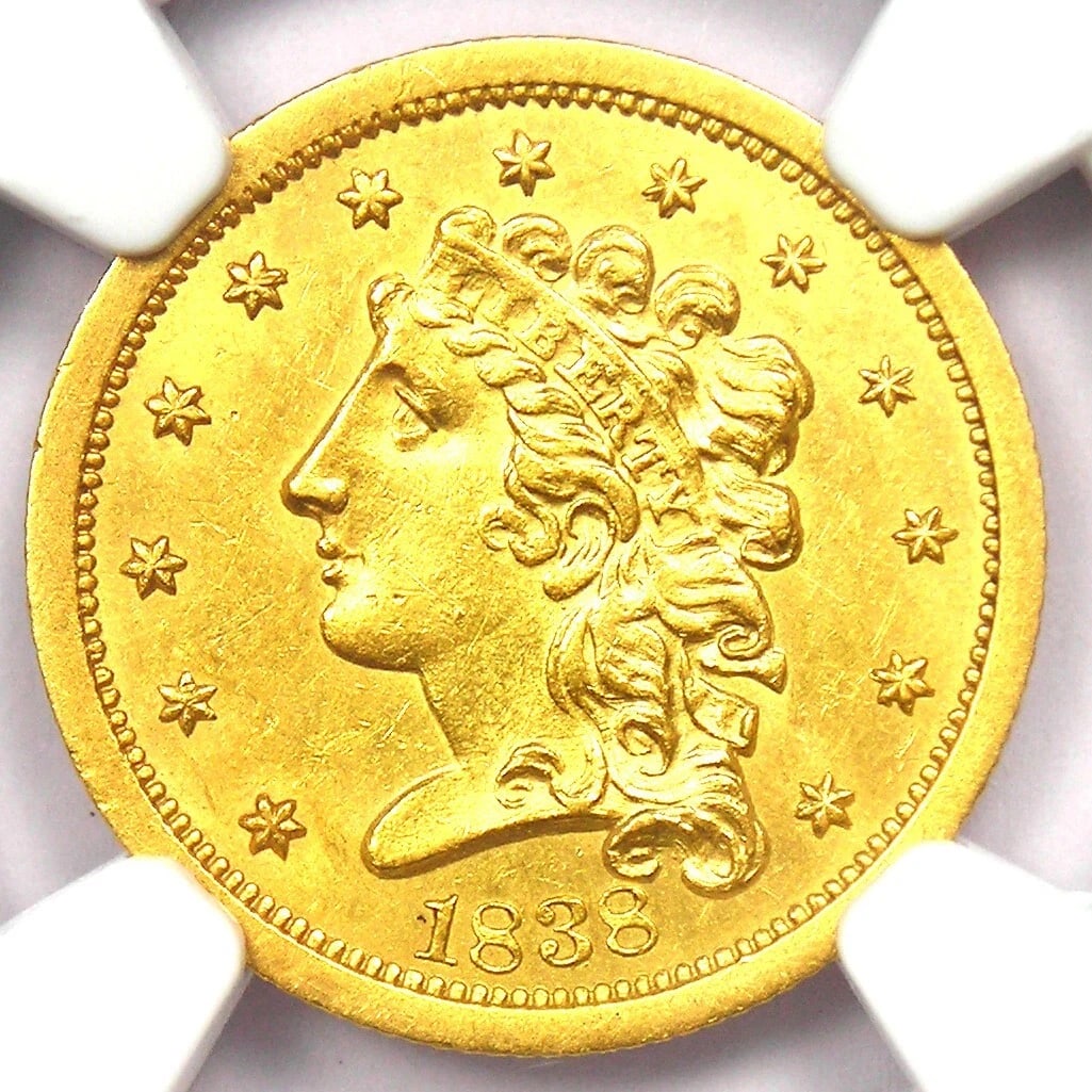1838 CLASSIC GOLD QUARTER EAGLE $2.50 COIN: 1838 Classic Gold Quarter Eagle $2.50 Coin Year: 1838 Denomination: $2.50 Country of Origin: United States Accessories: None Accessories Notice: When purchasing pre-owned goods, please refer to the