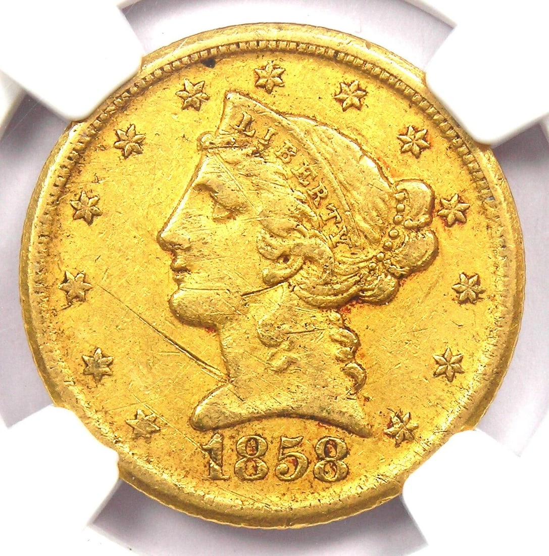 1858-D LIBERTY GOLD HALF EAGLE $5: 1858-D Liberty Gold Half Eagle $5 Year: 1858 Denomination: $5 Country of Origin: United States Accessories: None Accessories Notice: When purchasing pre-owned goods, please refer to the photos of the