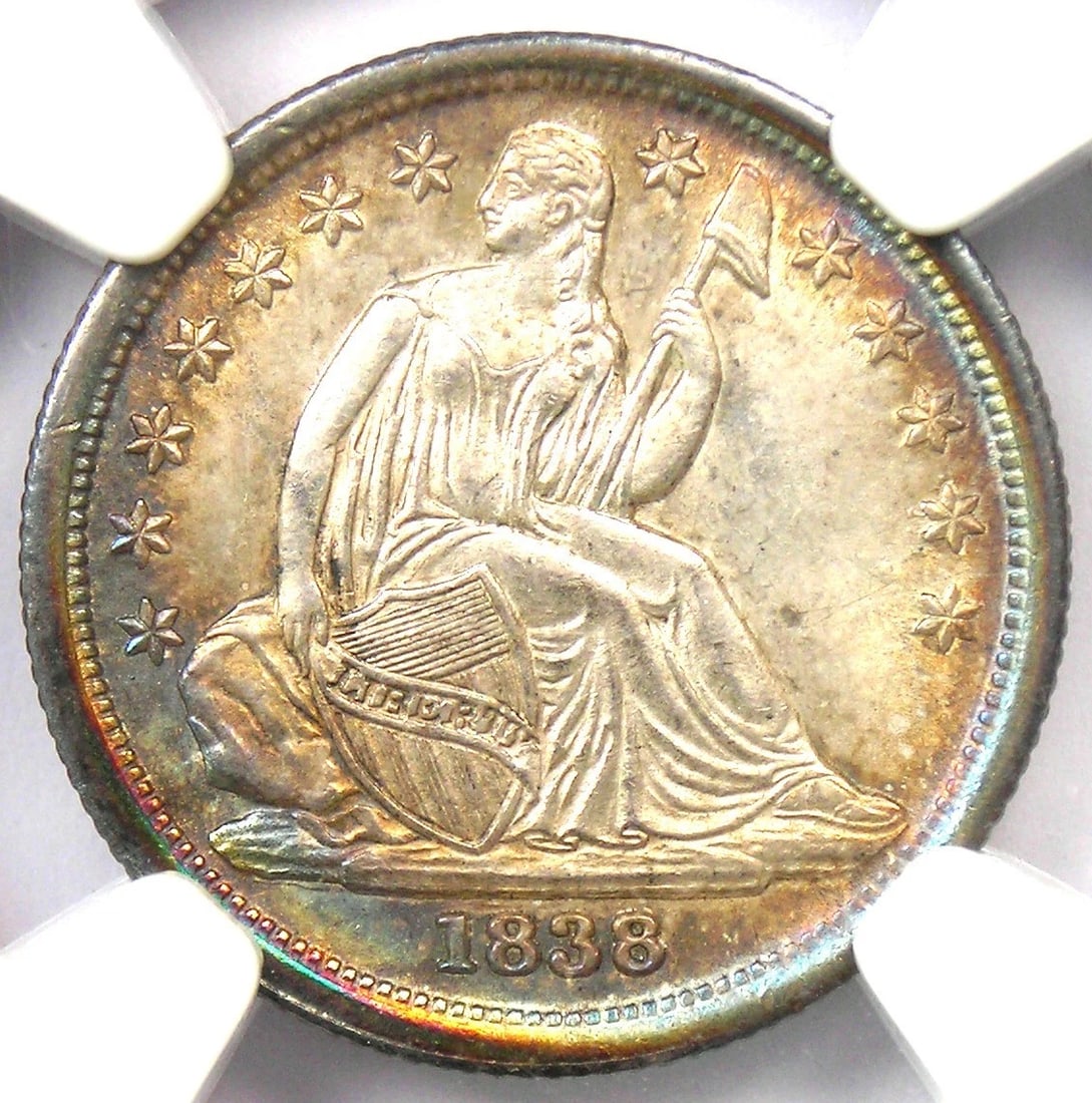 1838 SEATED LIBERTY DIME 10C LARGE STARS COIN: 1838 Seated Liberty Dime 10C Large Stars Coin Year: 1838 Denomination: 10C Country of Origin: United States Accessories: None Accessories Notice: When purchasing pre-owned goods, please refer to the p