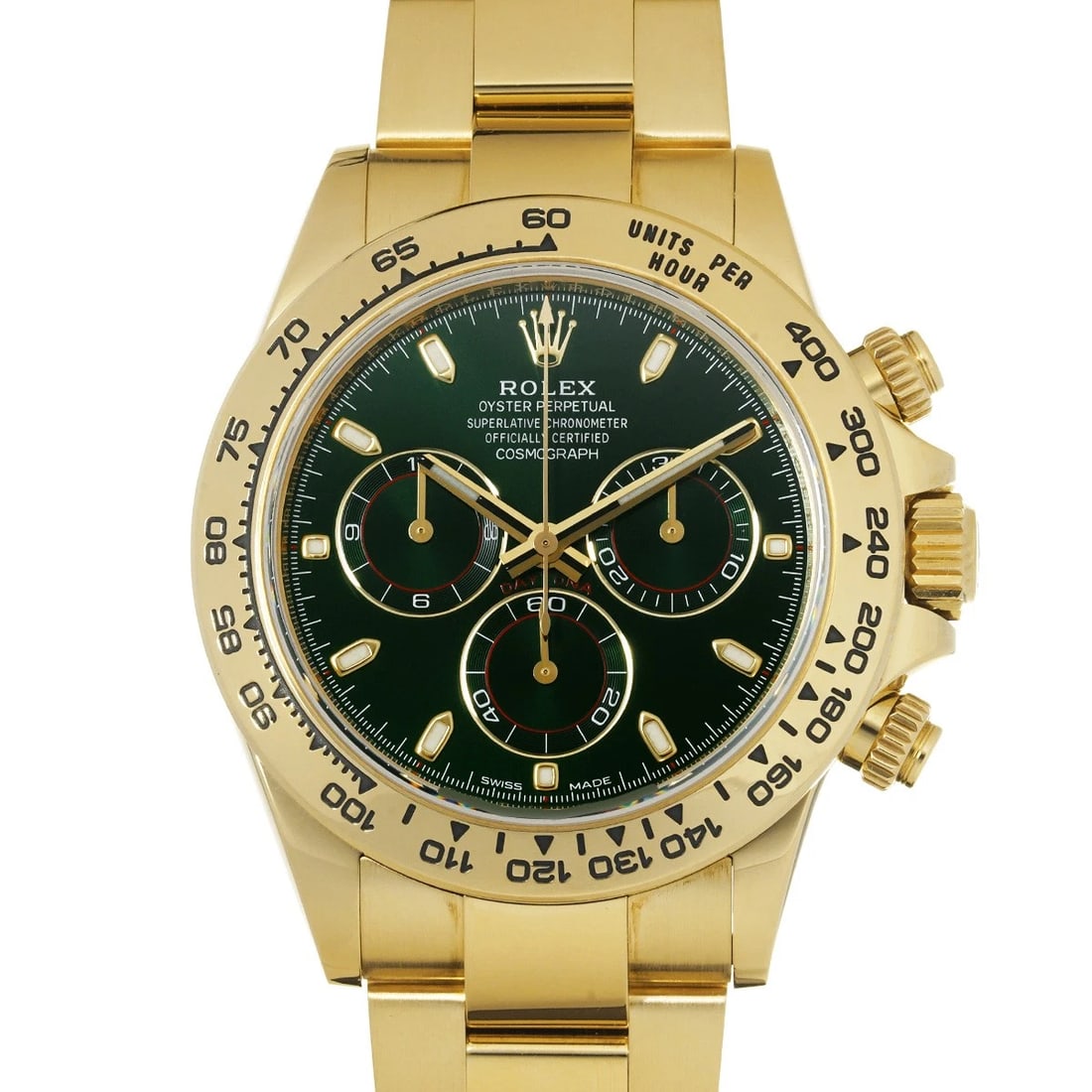 ROLEX COSMOGRAPH DAYTONA GREEN WATCH: ROLEX Cosmograph Daytona green Watch Brand: ROLEX Type/Style: Wristwatch Material: Band Material Yellow Gold, Case Material Yellow Gold Color: Dial Color green Size: Case Size H/about 40mm W/about