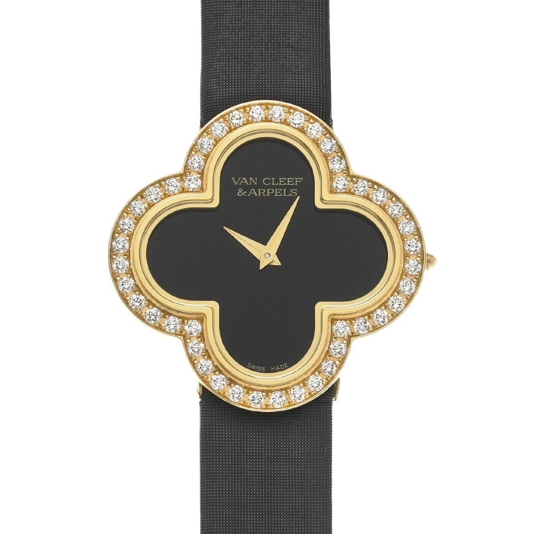 VAN CLEEF & ARPELS ALHAMBRA MEDIUM BLACK ONYX WATCH: Van Cleef & Arpels Alhambra Medium Black onyx Watch Brand: Van Cleef & Arpels Type/Style: Wristwatch Material: Band Material Satin, Case Material Yellow Gold Color: Dial Color Dial Color Black onyx