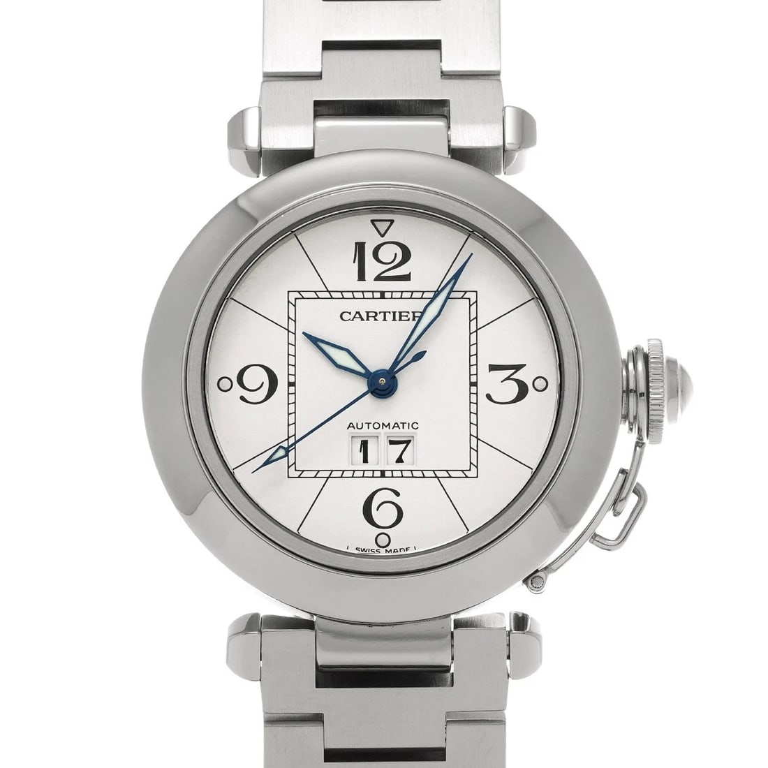 CARTIER PASHA BIG DATE WHITE WATCH: CARTIER Pasha Big Date white Watch Brand: CARTIER Type/Style: Wristwatch Material: Band Material Stainless steel, Case Material Stainless steel Color: Dial Color white Size: Case Size H/about 35mm