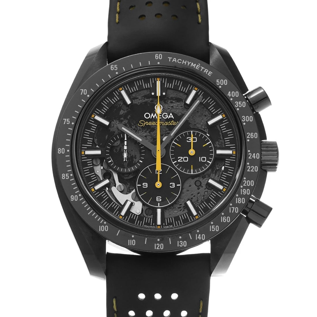OMEGA SPEEDMASTER DARK SIDE APOLLO BLACK WATCH: OMEGA Speedmaster Dark Side Apollo black Watch Brand: OMEGA Type/Style: Wristwatch Material: Band Material Rubber, Case Material Ceramic Color: Dial Color Dial Color Black Band Color Black, Yellow