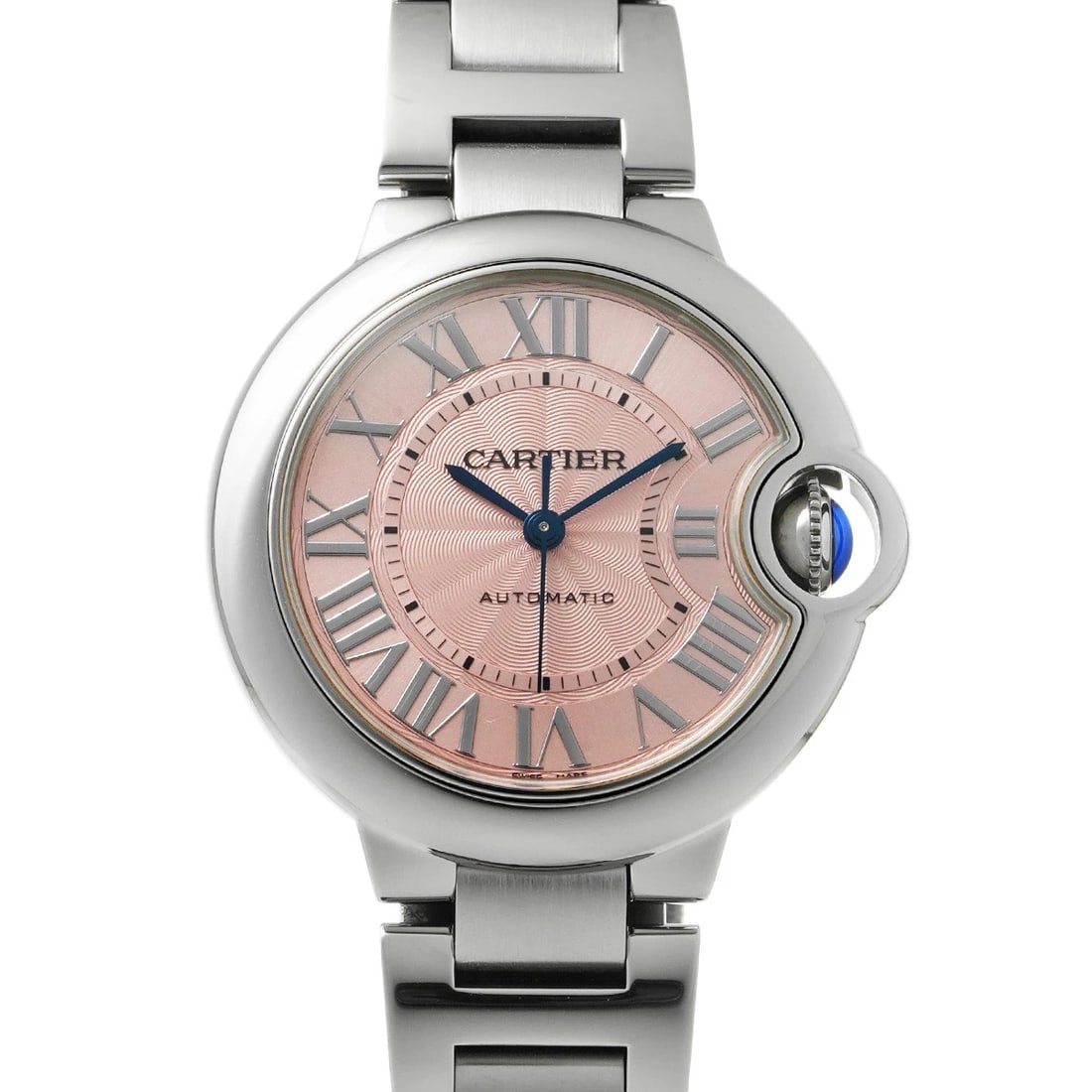 CARTIER BARON BLUE PINK WATCH: CARTIER Baron Blue pink Watch Brand: Cartier Type/Style: Wristwatch Material: Band Material Stainless Steel, Case Material Stainless Steel Color: Dial Color Dial Color Pink Band Color Silver Case
