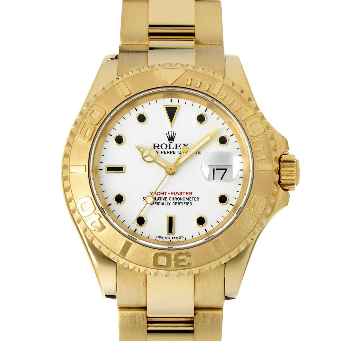 ROLEX YACHT-MASTER 40 WHITE WATCH: ROLEX Yacht-Master 40 white Watch Brand: ROLEX Type/Style: Wristwatch Material: Band Material Yellow Gold, Case Material Yellow Gold Color: Dial Color white Size: Case Size H/about 40mm W/about 40mm D