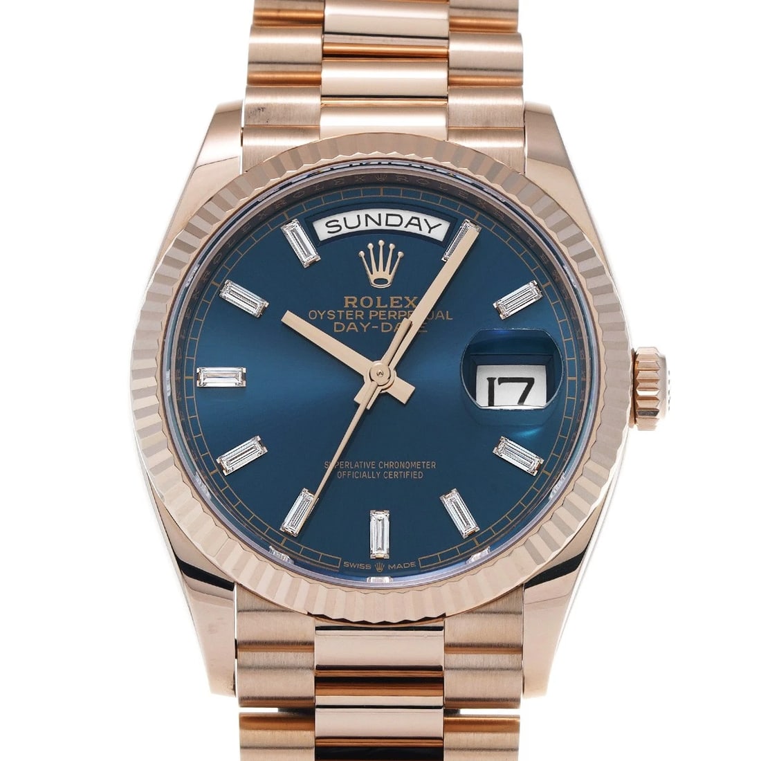 ROLEX DAY-DATE 36 BLUE GREEN/DIAMOND WATCH: ROLEX Day-Date 36 Blue green/diamond Watch Brand: ROLEX Type/Style: Wristwatch Material: Band Material Everrose gold, Case Material Everrose gold Color: Dial Color Blue green Size: Case Size H/about