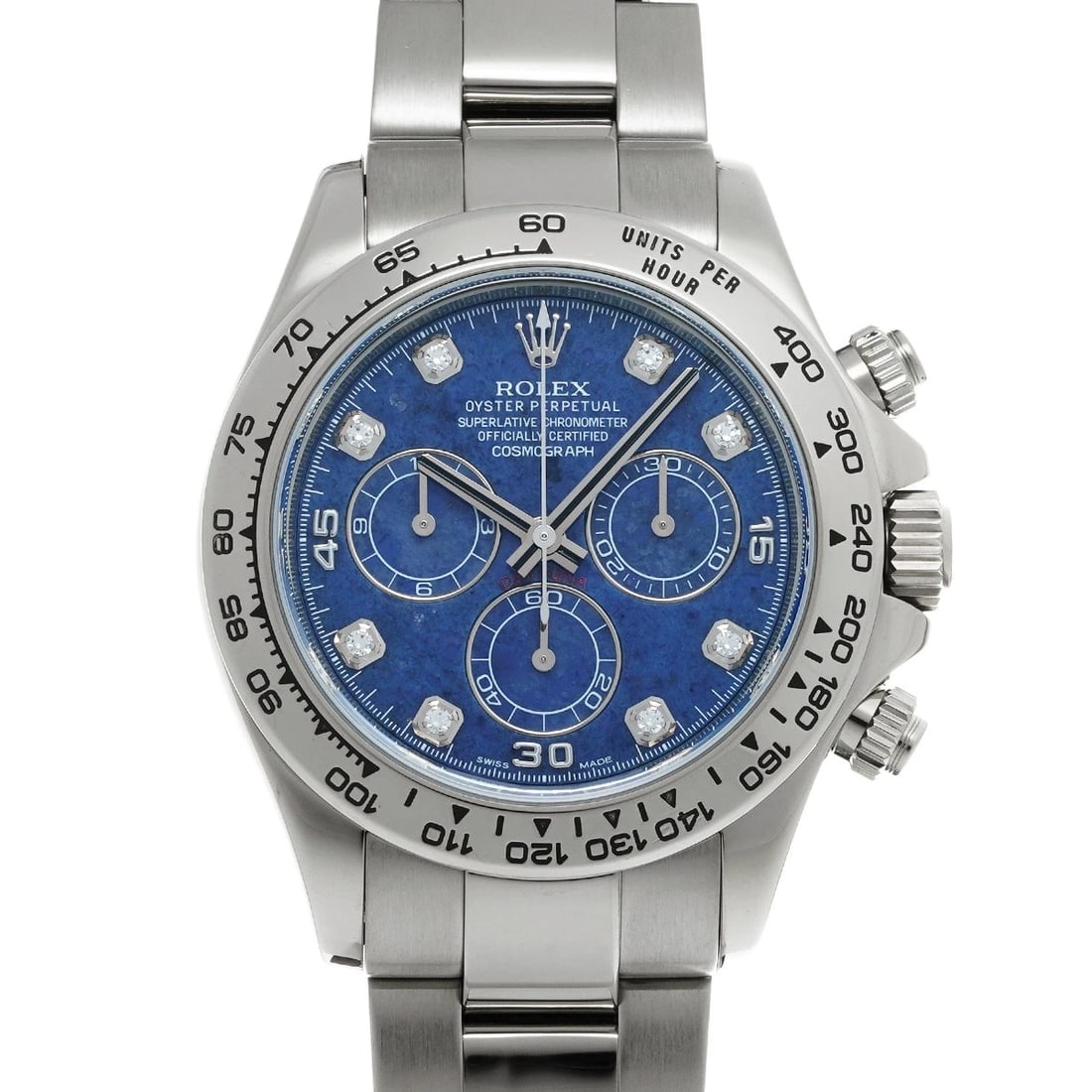 ROLEX COSMOGRAPH DAYTONA SODALITE/DIAMOND WATCH: ROLEX Cosmograph Daytona Sodalite/diamond Watch Brand: ROLEX Type/Style: Wristwatch Material: Band Material White gold, Case Material White gold Color: Dial Color Sodalite Size: Case Size H/about
