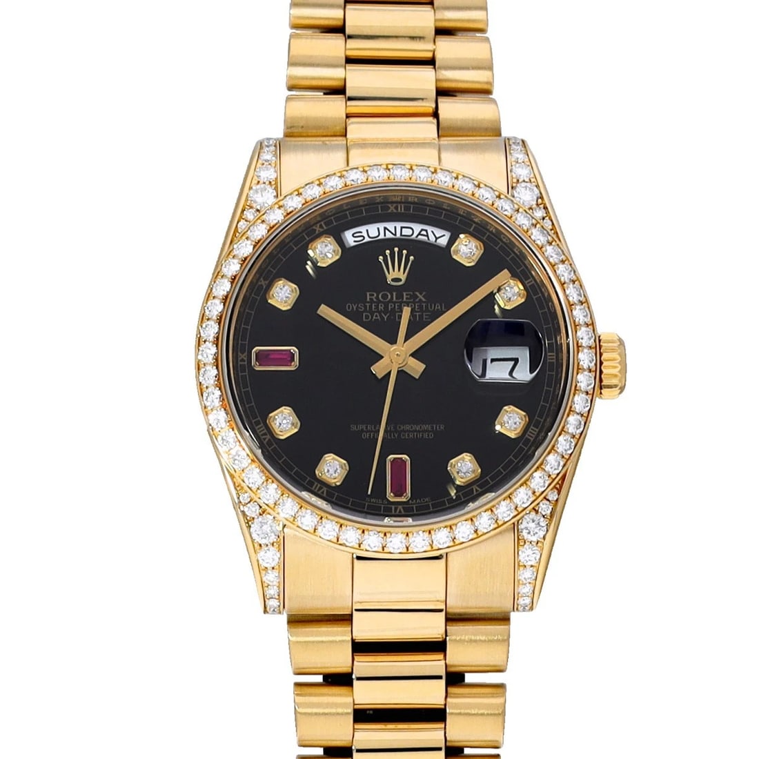 ROLEX DAY-DATE BLACK/DIAMOND / RUBY WATCH: ROLEX Day-Date black/Diamond / Ruby Watch Brand: ROLEX Type/Style: Wristwatch Material: Band Material Yellow Gold, Case Material Yellow Gold Color: Dial Color black Size: Case Size H/about 36mm W/abou