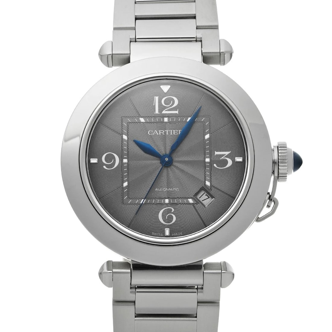 CARTIER PASHA DE CARTIER DARK GRAY WATCH: CARTIER Pasha de Cartier Dark gray Watch Brand: Cartier Type/Style: Wristwatch Material: Band Material Steel, Case Material Steel Color: Dial Color Dial Color Gray Case Color Silver Band Color Silver