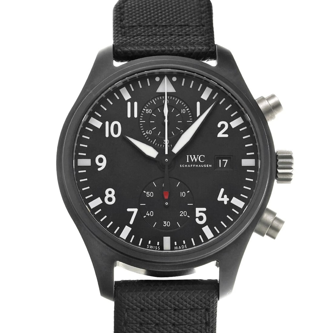 IWC PILOT'S WATCH CHRONOGRAPH BLACK WATCH: IWC Pilot's watch Chronograph black Watch Brand: IWC Type/Style: Wristwatch Material: Band Material Leather, Fabric, Case Material Ceramic Color: Dial Color Dial Color Black Case Color Black Size:
