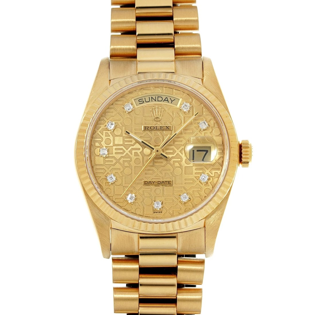 ROLEX DAY-DATE CHAMPAGNE COMPUTER/DIAMOND WATCH: ROLEX Day-Date Champagne computer/diamond Watch Brand: ROLEX Type/Style: Wristwatch Material: Band Material Yellow Gold, Case Material Yellow Gold Color: Dial Color Champagne computer Size: Case Size