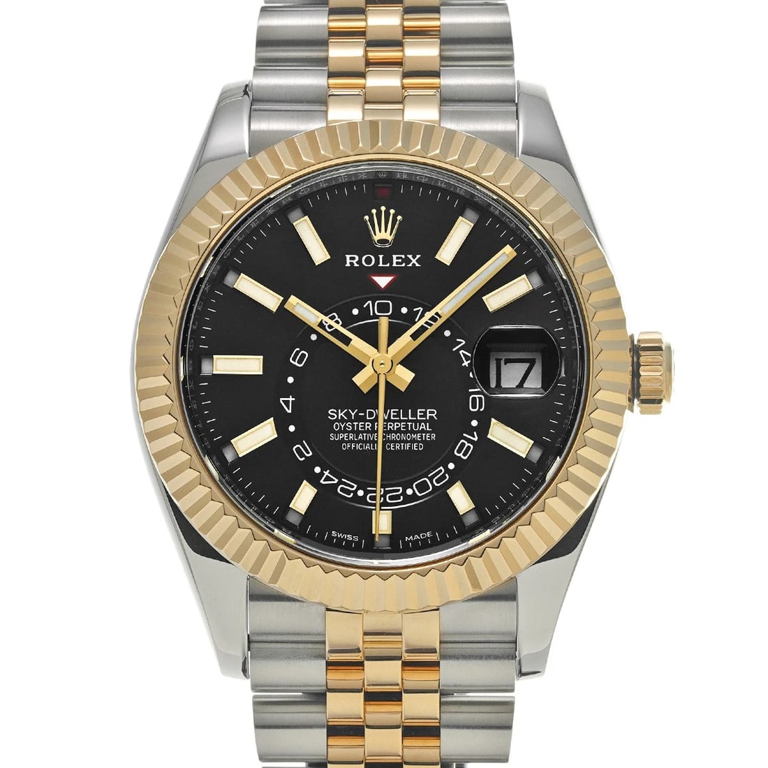 ROLEX SKY DWELLER BRIGHT BLACK WATCH: ROLEX Sky Dweller Bright black Watch Brand: ROLEX Type/Style: Wristwatch Material: Band Material Stainless steel/Yellow Gold, Case Material Stainless steel Color: Dial Color Bright black Size: Case Si